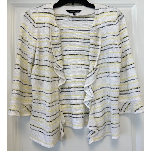 MING WANG Cardigan Womens Small White Open Black Yellow Stripe Ruffle 3/4 Sleeve - Picture 1 of 4